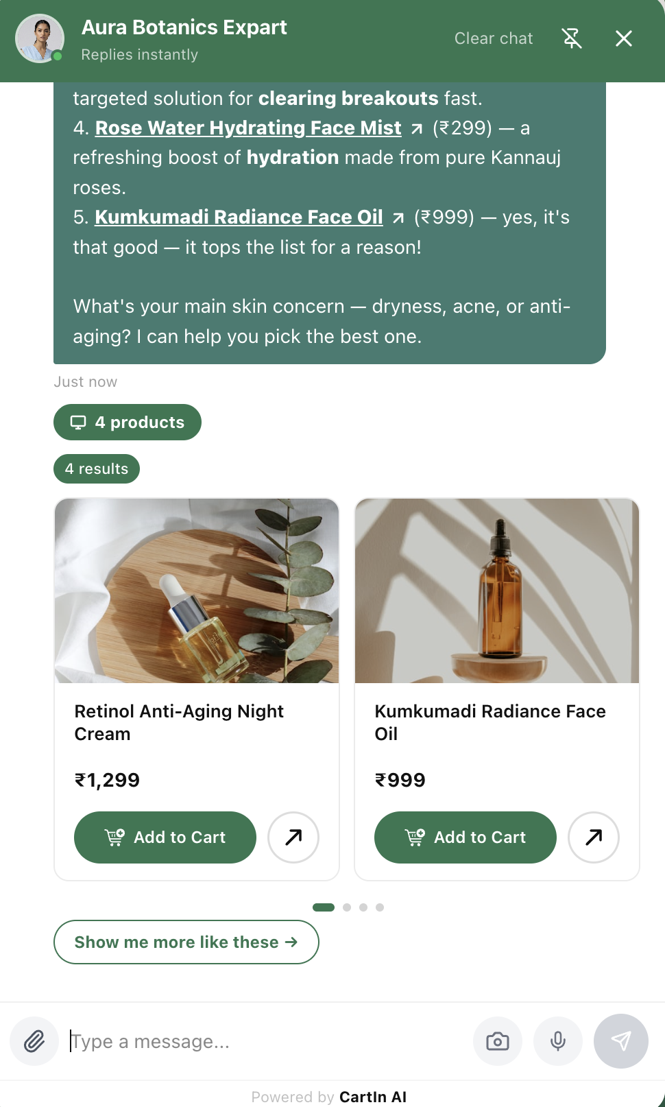 Product cards and Add to Cart — inside the chat.